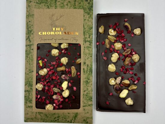 Mørk chokolade m. Hasselnødder, pistacie nødder og hindbær